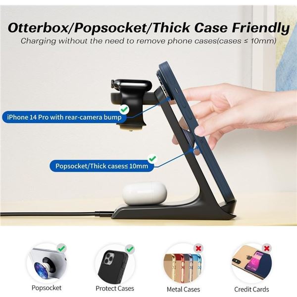 KPON Wireless Charging Station for Thick Cases/Popsocket/Otterbox Up to 10MM, 3 in 1 Fast Qi Wireles