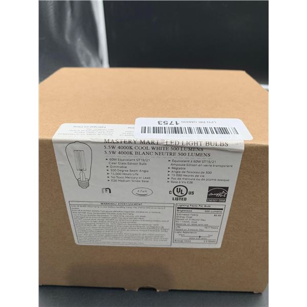 Mastery Mart LED Light Bulbs Cool White Clear Glass Edison Bulb  6 Pack