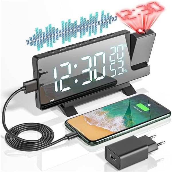 VCKHRRY Projection Alarm Clock, LED Mirror Screen Digital Alarm Clock, FM Radio Projection 180° Radi