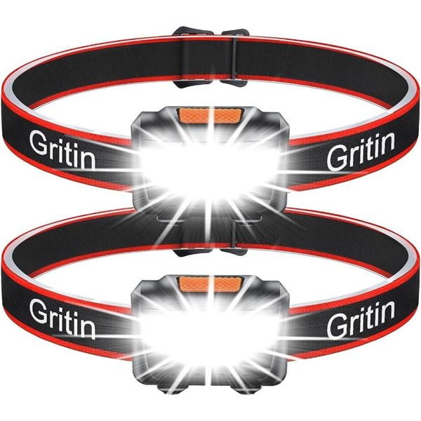 Headlamp, Gritin [2 Pack] COB Super Bright LED Head Lamp Headlight, Adjustable with 3 Modes, Lightwe