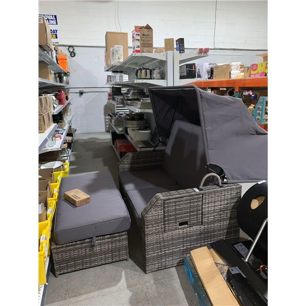 Outdoor Daybed, 2-Person Wicker Sofa with Retractable Canopy, Cushions, 2 Side Trays, Patio Double S