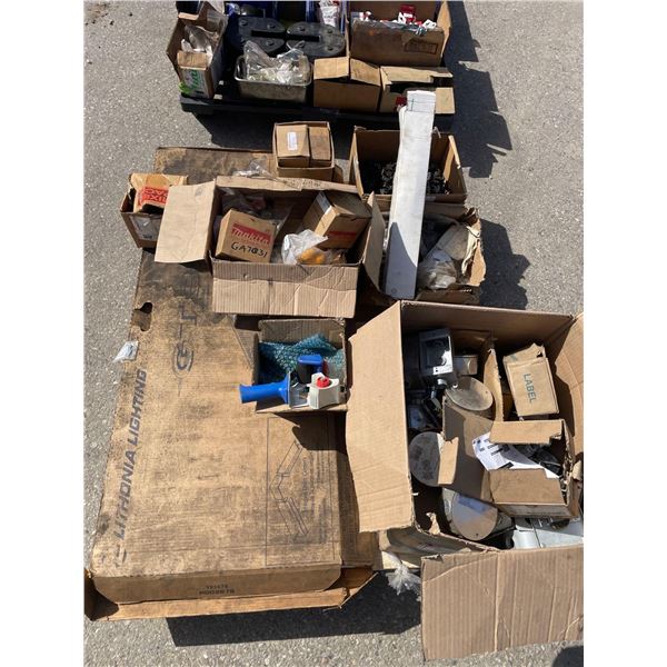 Assorted new and used electrical boxes,beam clamps and electric drill parts