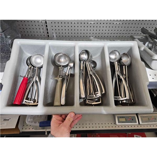 Lot of Assorted Commercial Ice Ceam Scoops with Storage Tray