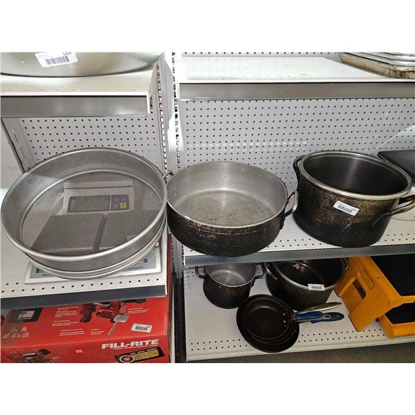 Lot of 3 Commercial Cookware, 2 Large Aluminum Pots & 1 Large Sifter/Strainer