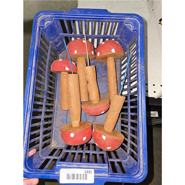 Lot of 6 Locally Hand Made Wooden Red Toadstool Garden Stakes
