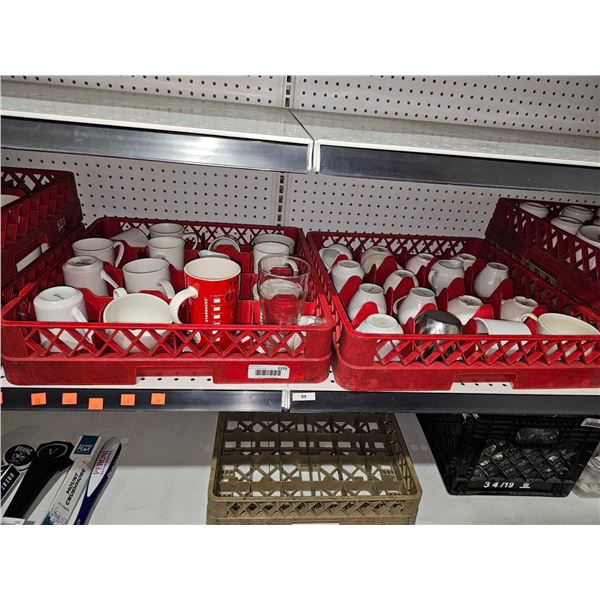 Bulk Lot of Assorted Commercial Drinkware & Accessories with 2 Storage/ Dishwasher Racks