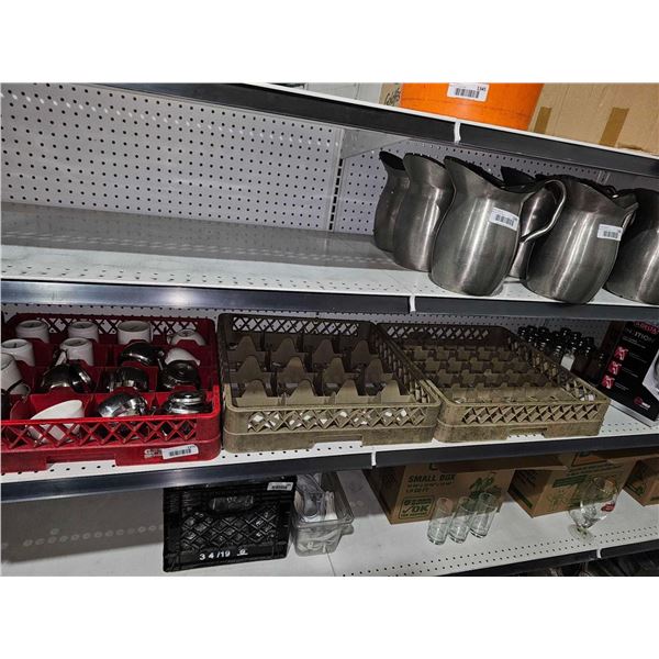 Bulk Lot of Assorted Commercial Drinkware & Accessories with 3 Storage/ Dishwasher Racks