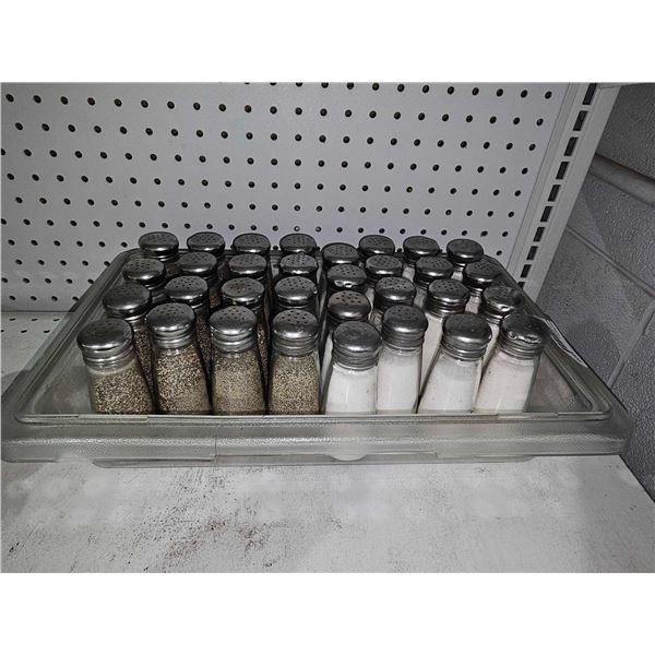 Lot of 23 Salt & Pepper Shakers with Storage Tray - Restaurant Grade