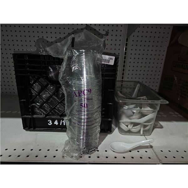 Bulk Lot of Assorted Restaurant Supplies - Single Serve Cups & Bin Lot of Asian Soup Spoons