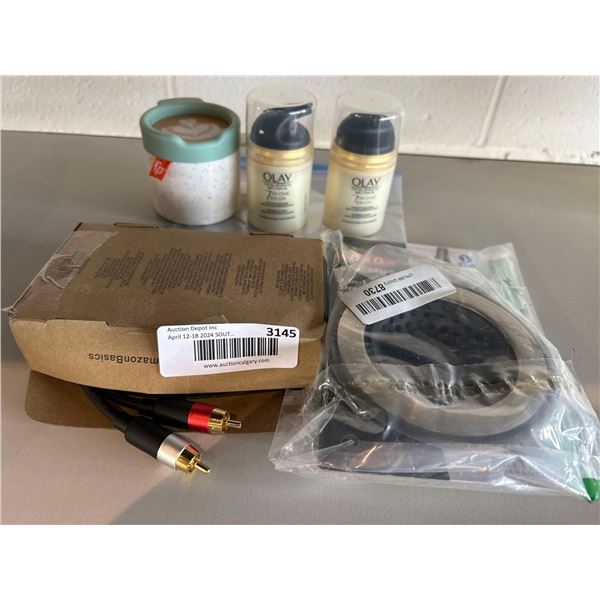 Lot of asst items, olay, wires, etc