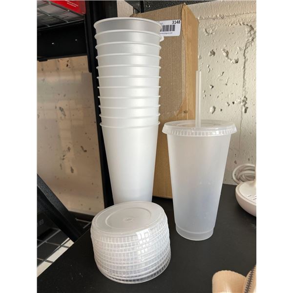 Plastic reusable sippy cups with lids, straws Lot of 12