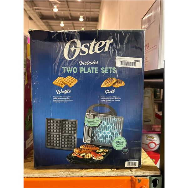 Oster 2-in1 indoor grill with waffle plate and grilling plate