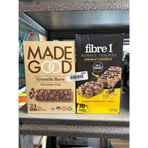 Combo lot of Made Good chocolate chip granola bars and Fibre 1 oats and chocolate granola bars