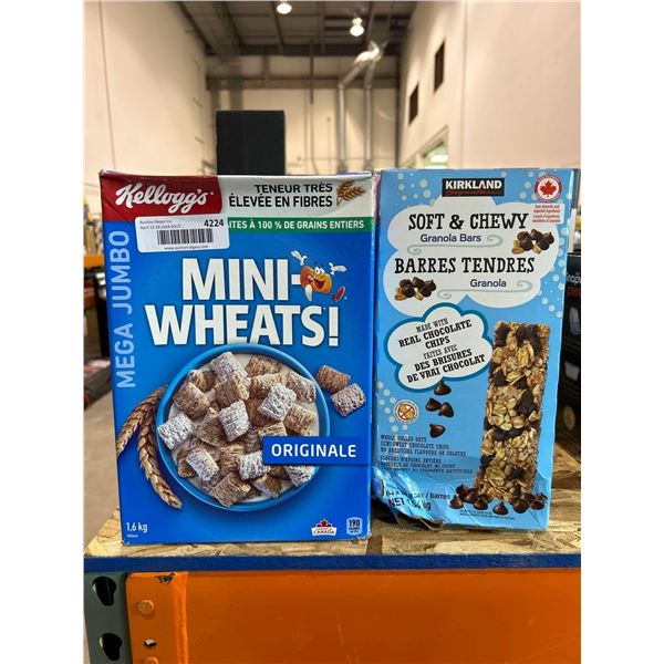 Combo lot of Kellogg's mini wheats breakfast cereal and Kirkland signature soft & chewy granola bars