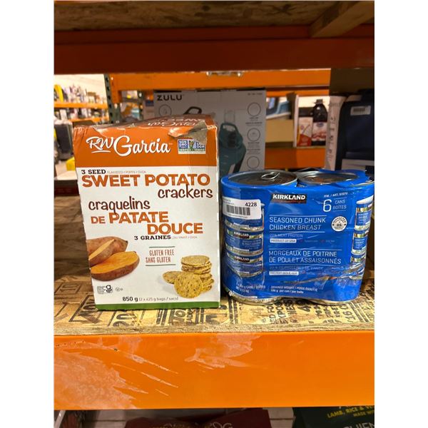Combo lot of RW Garcia sweet potato crackers and Kirkland signature canned seasoned chicken chunks