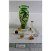 Image 1 : Green Glass Vase, (10) Mini Perfume Bottles