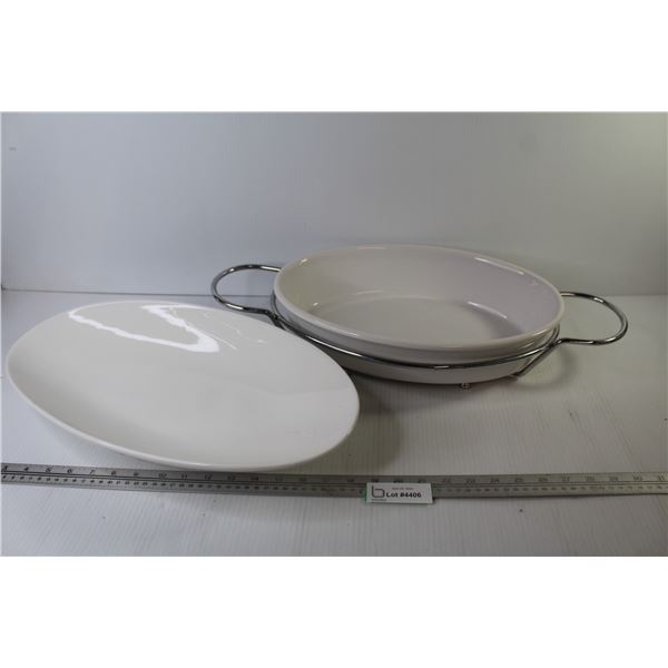 Ceramic Dish in Metal Holder - Ceramic Oval Dish