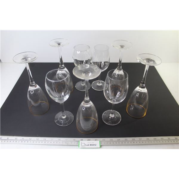 (9) Wine Glasses (4 have gold rims)