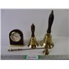 Image 1 : (2) Brass Hand Bells with Wood Handles, Clock and Candle Snuffer