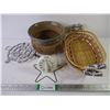 Image 1 : (2) Antique Baskets with Delft Ceramic Handles, Stoneware Pottery, Trivet, Timer and Burner Guard