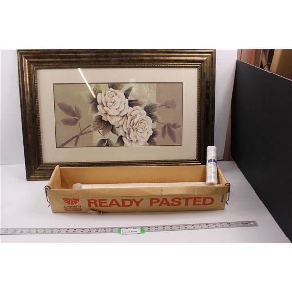 Framed Rose Art (33"x22") & Rolls of Wall Paper/Boarder Paper