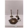 Image 1 : Silver Plated WM Rogers Lovelace Platter & Community Cup, Pepper Shaker & (2) E.P Brass Candle Stick