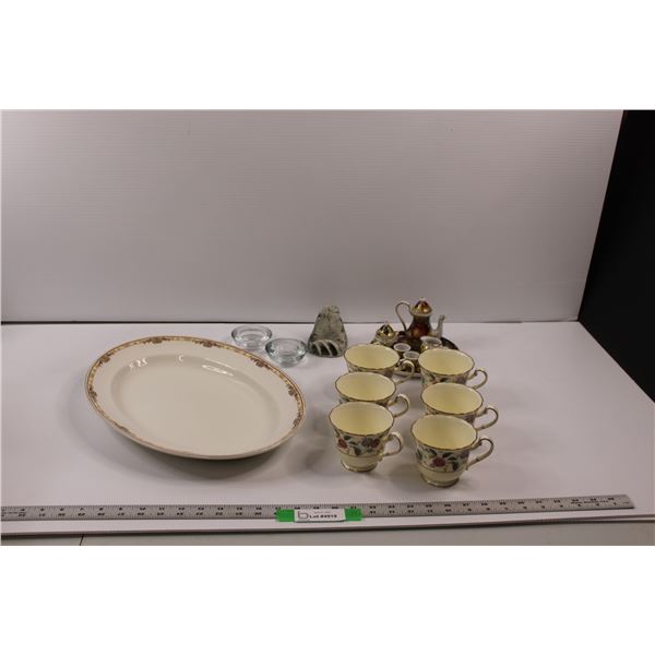 Johnson Bros Serving Platter, (2) Tea Light Holders, Mini Tea Set, Plate Stand & (6) Noritake Bone C