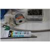 Image 4 : Various Shop Items w/Milk Crate - Nails, Staples Drill Bits, Tape (Partial Rolls) Silicone, All Purp