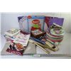 Image 1 : Large Assortment of Paper Napkins - Plates - Candles - Woven Basket