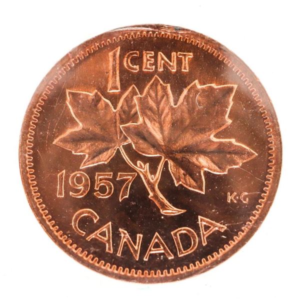 1957 Canada 1 Cent. MS-64. Hanging 7; Red. ICCS.