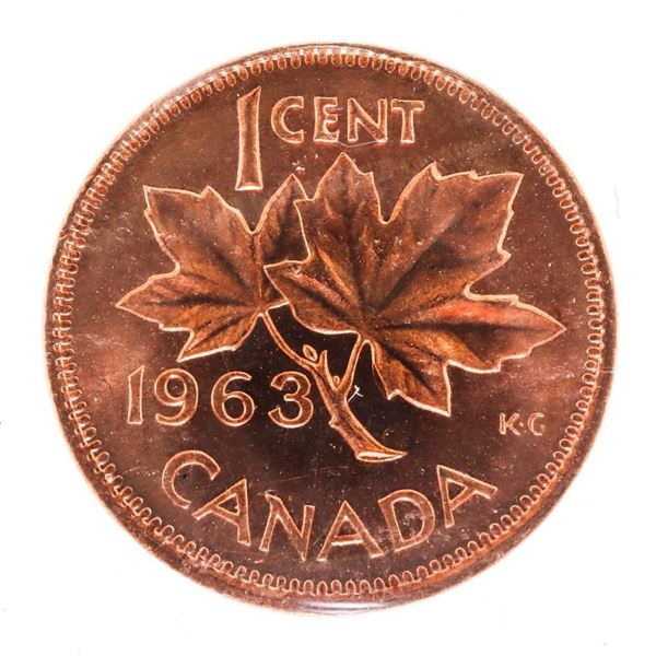 1963 Canada 1 Cent. MS-64. Hanging 3; Red. ICCS.