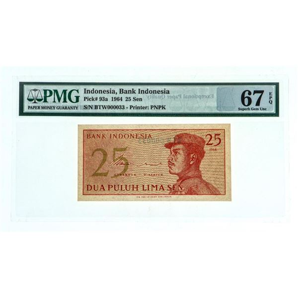 Indonesia Bank Indonesia 1964 Pick# 93a 25 Sen SUPERB GEM UNC PMG 67