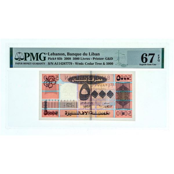 Lebanon Banque du Liban 2008 5 000 Livres SUPERB GEM UNC PMG 67 EPQ