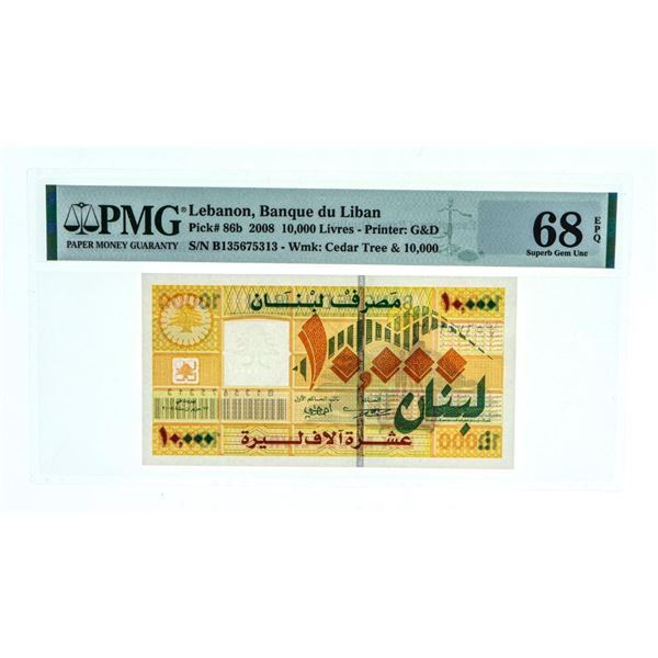 Lebanon Banque du Liban 2008 10,000 Livres SUPERB GEM UNC PMG 68 EPQ