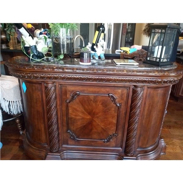 Hard Wood Bar with Marble Top & Carved Accent Edge 67w x 20d x 42h Contents Not Included