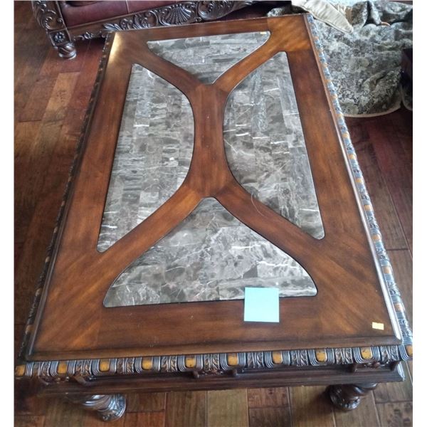 Unique Hard Wood Carved Design Coffee Table w/ Marble Inlay  Solid Wood  Like New