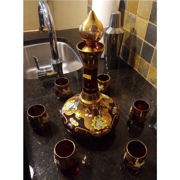 Red & Brass 6 Glassed Decanter Set