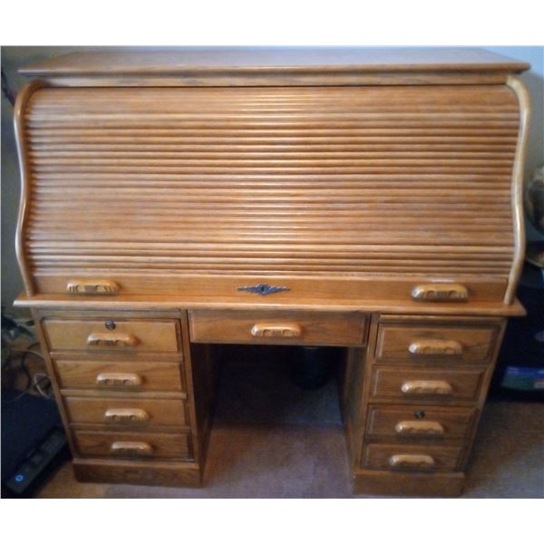 Vintage Wooden Rolltop Large Desk 59w x 24d x 59h