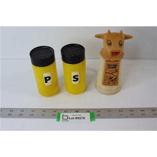 Yellow Glass Salt & Pepper Shakers, Cow Themed Creamer