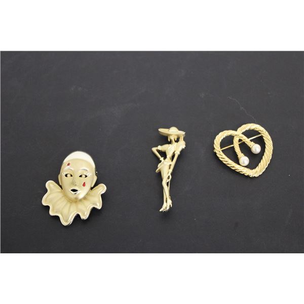 (3) Pierrot Style Clown Brooch; Elegant Lady in Hat Brooch; Gold Tone ...