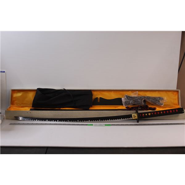 Oriental Katana Style Metal Sword with Stand in Tweed Covered Box 36+" Long Made In China