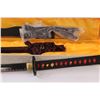 Image 2 : Oriental Katana Style Metal Sword with Stand in Tweed Covered Box 36+" Long Made In China