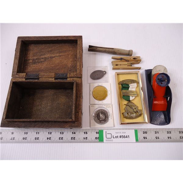 Wood Trinket Box,(3) Vintage Tokens,1964 Medallion (Sask. Hand Gun) Small Block Plane,(3) Wood Cloth