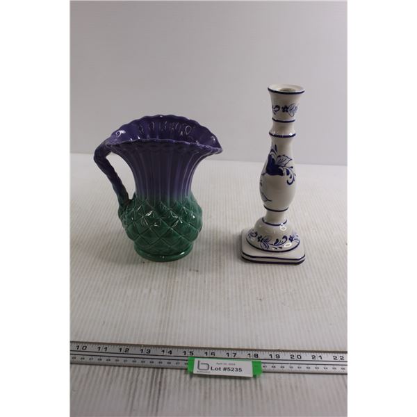 Purple and Green Pitcher, Blue and White Candleholder