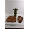 Image 1 : (2) Pieces Wooden Dishware, Green Vase