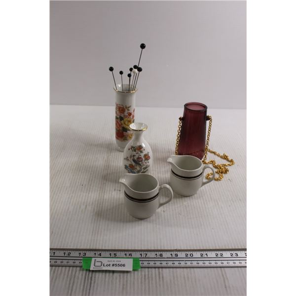 (3) Vases, Hat Pins, (2) Creamers