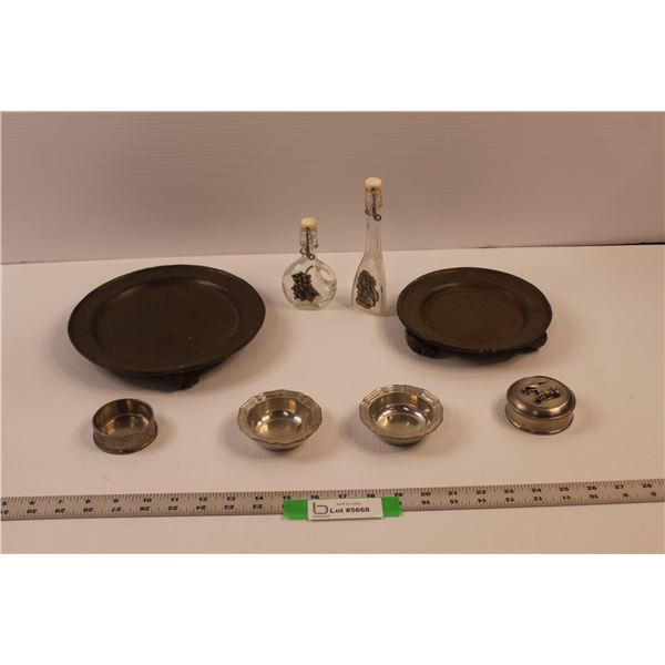 (4) Etain (Pewter) Trinket Dishes/Boxes, (2) Footed Plates/Dishes & (2) Oil/Vinegar Bottles w/Lids