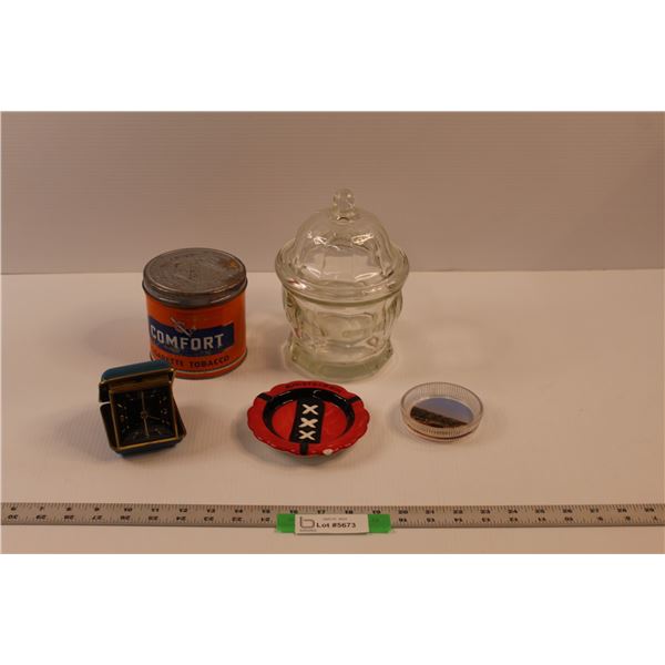 Comfort Cigarette Tabacco Tin, Glass Tabacco Jar w/Lid, Vintage Alarm Clock (Untested), Amsterdam Re