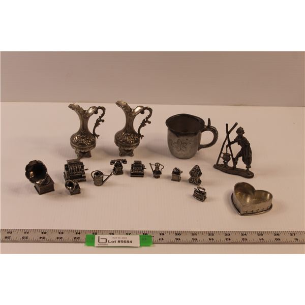 (10) Tin/Pewter Knik-Knacks, Heart Box, Statue, (2) Mini Pitchers & Cup