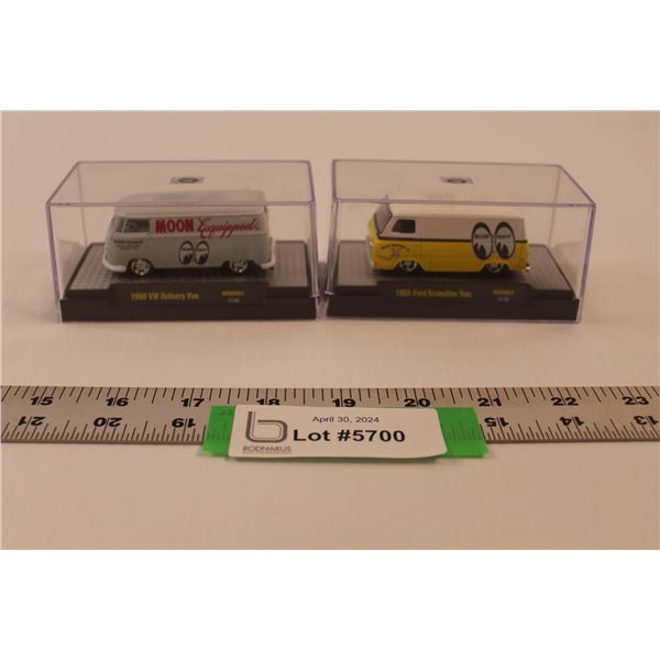 (2) M2 MOONO1 Delivery Vans w/Display Cases(1:64 Scale) - 1960 VW & 1965 Ford Econoline